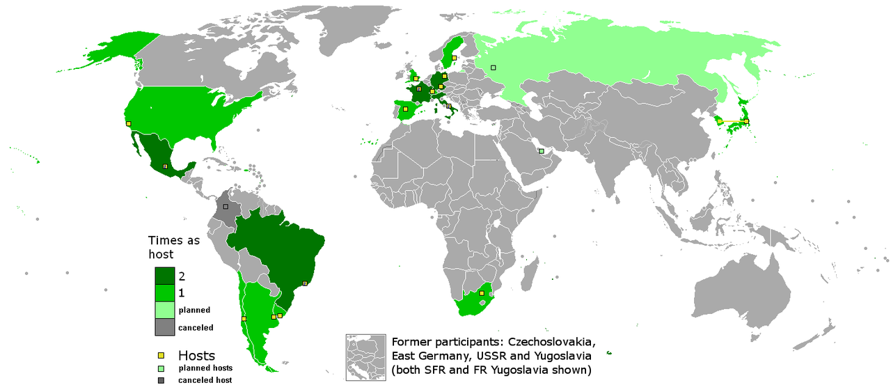 แผนที่เจ้าภาพฟุตบอลโลกระหว่าง 1930-2022 เขียว: หนึ่ง; เขียวเข้ม: สอง; เขียวอ่อน: มีแผน